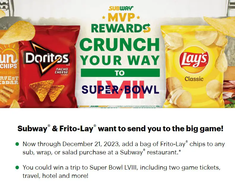 Subway Crunch Your Way To Super Bowl LVIII Sweepstakes - Win A $15,000 Trip For 2 To The Super Bowl LVIII In Vegas