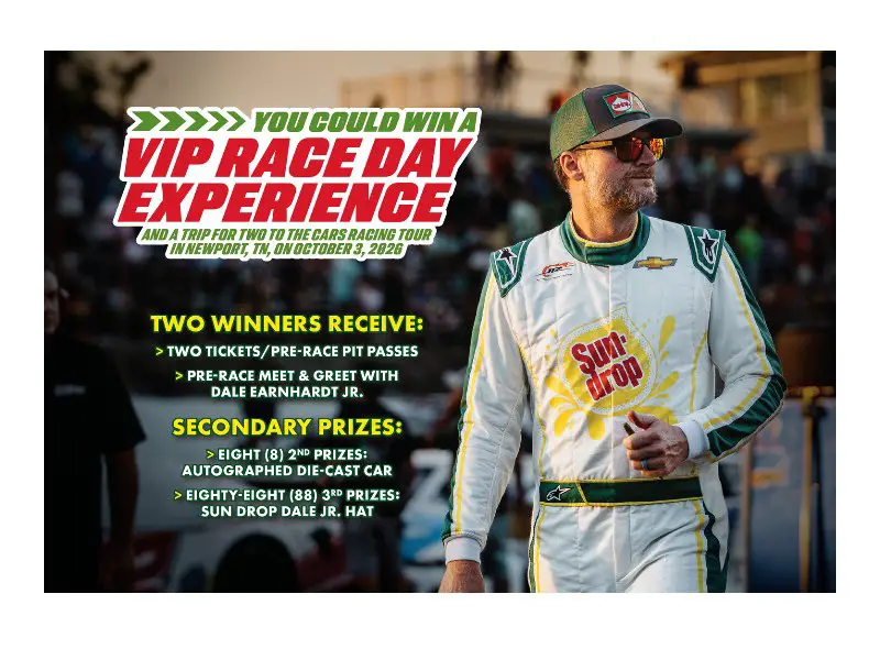 Sun Drop 2026 Dale Earnhardt Jr. Summer Sweepstakes - Win Race Tickets & A Meet & Greet (Limited States)