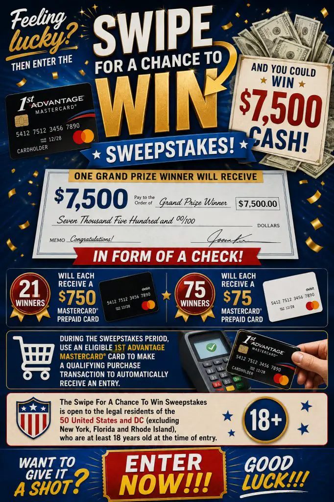 Swipe For A Chance To Win Sweepstakes – Win $7,500, $750 Or  $75 (97 Winners)