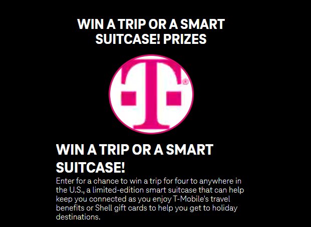 T-Mobile Tuesdays Sweepstakes - Win A Trip For 4 To Anywhere In The US + Free Shell Gas For A Year + Smart Suitcases