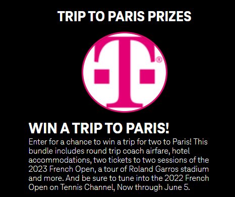 T-Mobile Tuesdays Sweepstakes - Win A Trip For Two People To The 2023 French Open In Paris