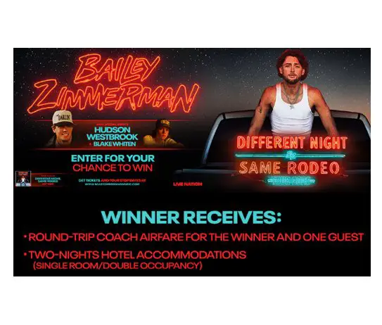 The Bobby Bones Show Bailey Zimmerman Flyaway Sweepstakes - Win A Trip For 2 To See Bailey Zimmerman Live