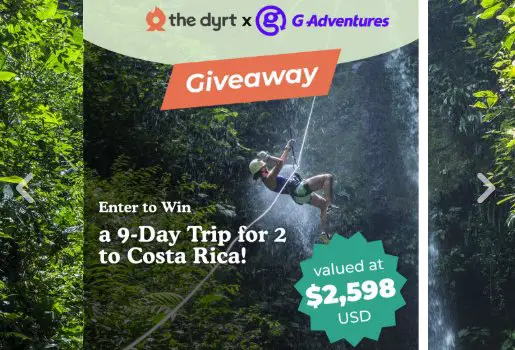 The Dyrt Costa Rica Trip for 2 with G Adventures Sweepstakes - Win a $2,598 Costa Rica adventure for 2.