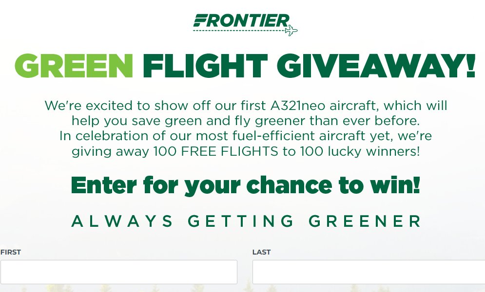 The Frontier Airlines Green Flight Giveaway - Win 1 Of 100 $250 Travel Vouchers