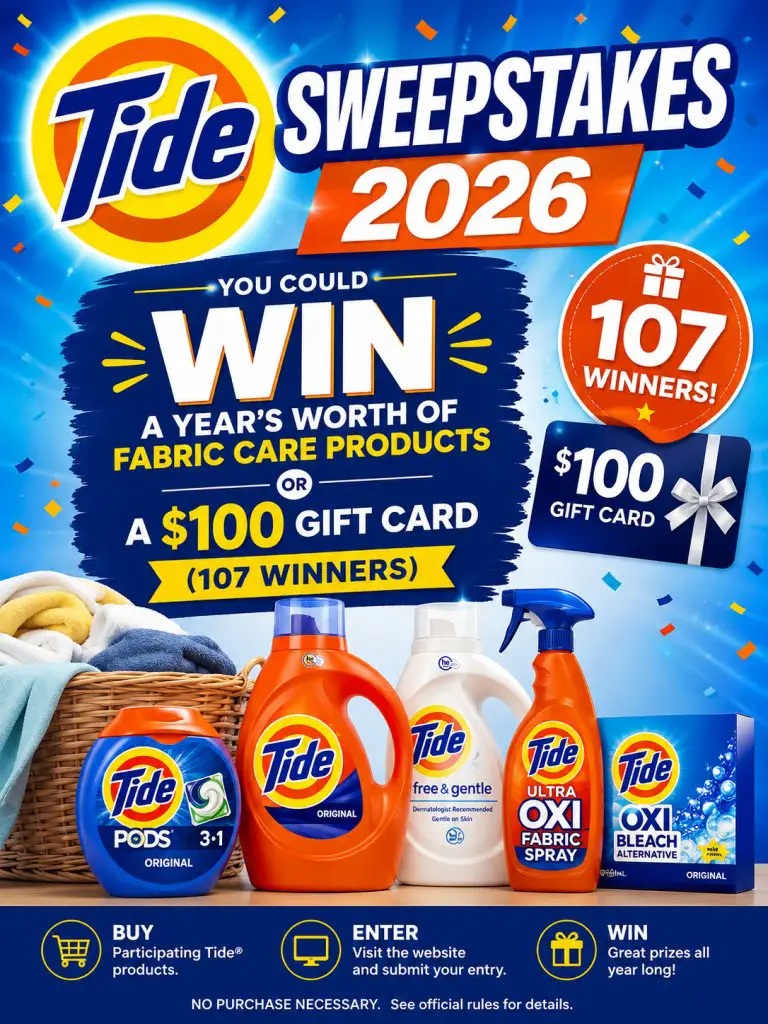 Tide Sweepstakes 2026 – Win A Year’s Worth Of Fabric Care Products Or A $100 Gift Card (107 Winners)