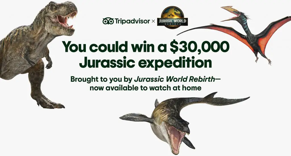 Trip Advisor Jurassic World Rebirth Movie Sweepstakes – Win A Luxury Vacation Package For 2 & More (21 Winners)
