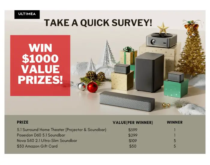 Ultimea.com Soundbar Survey Giveaway - Win A 5.1 Surround Home Theater with Projector, Soundbar Or $50 Amazon Gift Card