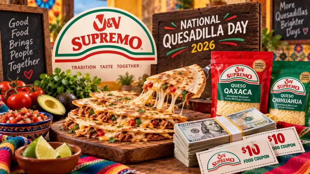 V&V SUPREMO National Quesadilla Day 2026 Sweepstakes – Win Up To $2,500 Cash & Food Coupons (103 Winners)