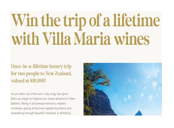Villa Maria Trip To New Zealand Sweepstakes - Win A $10,000 Trip For 2 To New Zealand
