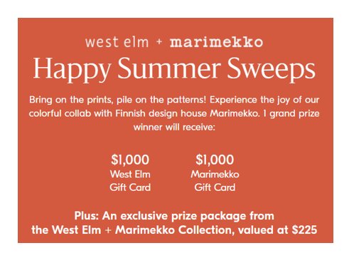 West Elm Happy Summer Sweepstakes - Win $2,000 In Gift Cards & More