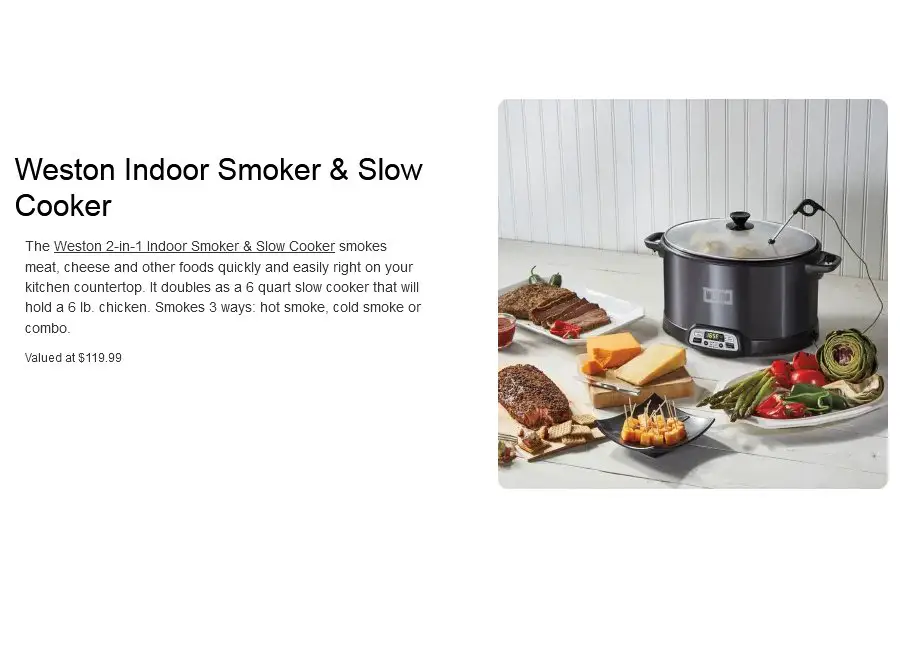 Weston Brands Sweepstakes - Win An Indoor Smoker And Slow Cooker
