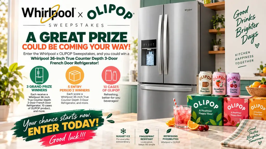 Whirlpool x OLIPOP Sweepstakes – Whirlpool 36-Inch True Counter Depth 3-Door French Door Refrigerator (8 Winners)