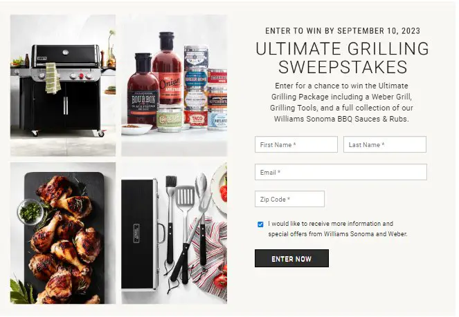 Williams Sonoma Ultimate Grilling Sweepstakes -  Win A $4,000 Grilling Package Including A Weber Grill, Grilling Tools, & More