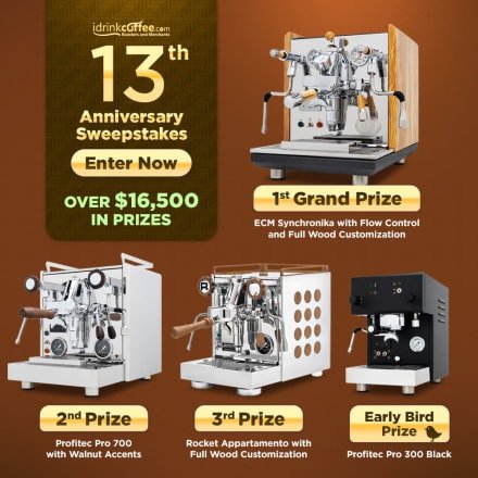 Win 1 Of 4 Espresso Machines In The iDrinkCoffee.com 13th Anniversary Sweepstakes