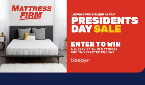 Win A $1,000 Mattress+2 Pillows Prize In The Mattress Firm Presidents Day Sale Sweepstakes