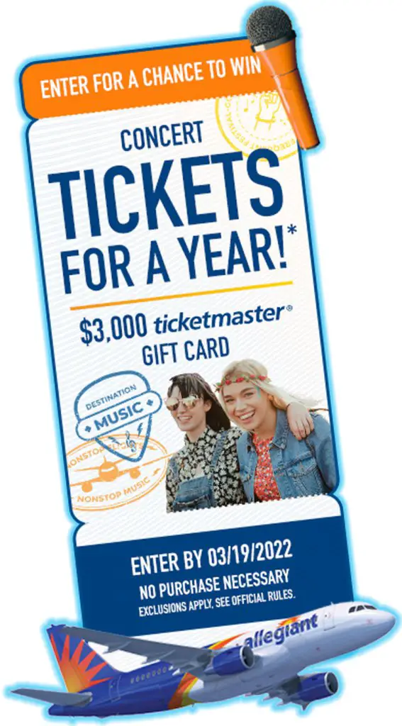 Win A $3,000 TicketMaster Gift Card In The Allegiant Air Free Tickets For A Year Sweepstakes