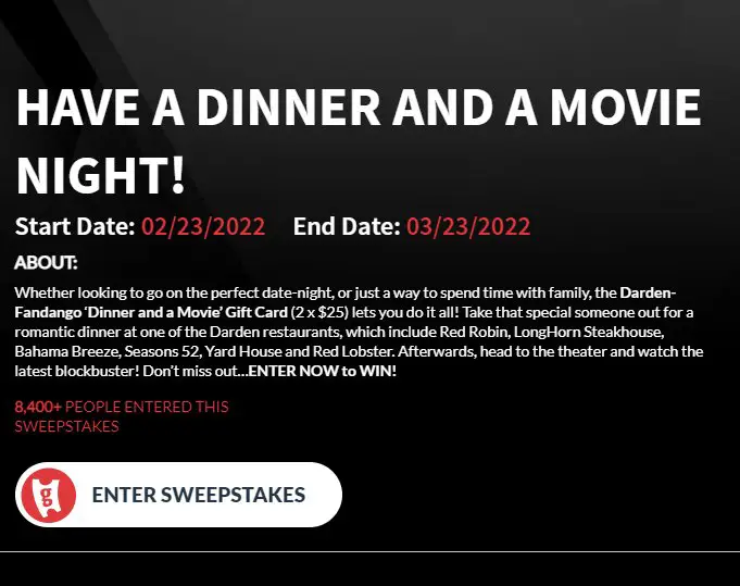 Gofobo Sweepstakes - Win A $50 Darden-Fandango Gift Card For Dinner And A Movie