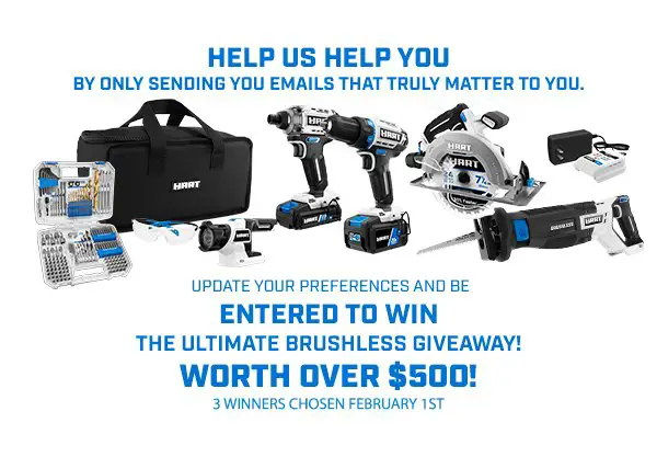 Win A $546 Cordless Tool Combo Set In The Hart Tools Update Your Preferences Sweepstakes