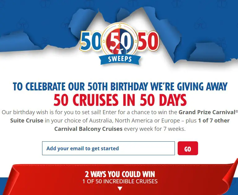 Win One Of 50 Cruises In The Carnival 50th Birthday Casino Sweepstakes