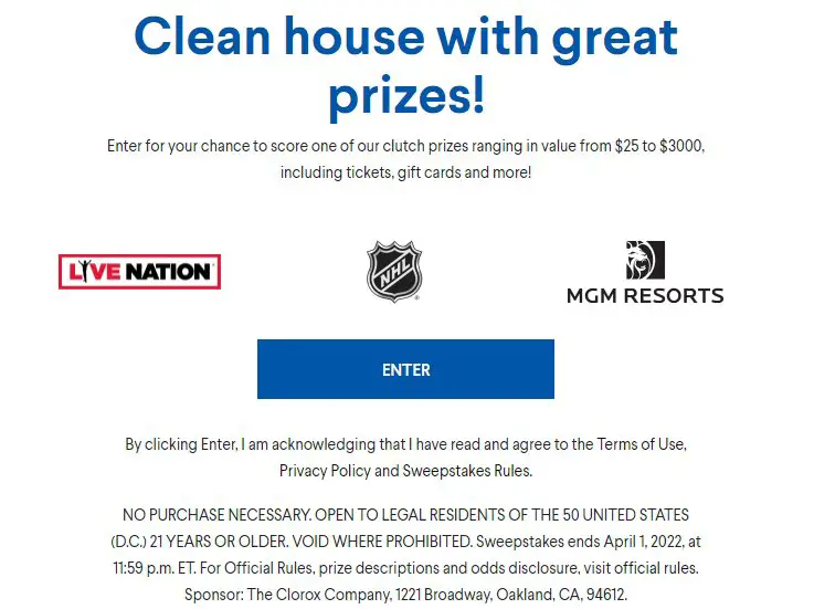 Win One Of Five $3,000 Live Nation Gift Cards Or Other Prizes In The Clorox Clutch Sweepstakes