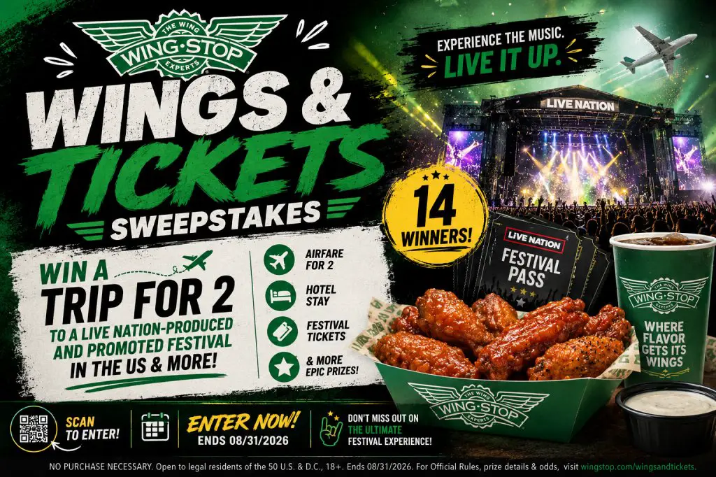 Wingstop Wings & Tickets Sweepstakes – Win A Trip For 2 To A Live Nation-Produced And Promoted Festival In The US & More (14 Winners)