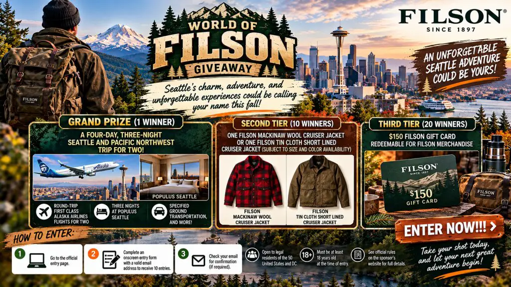 World Of Filson Giveaway – Win An Unforgettable Seattle Adventure, A $150 Gift Card & More (31 Winners)