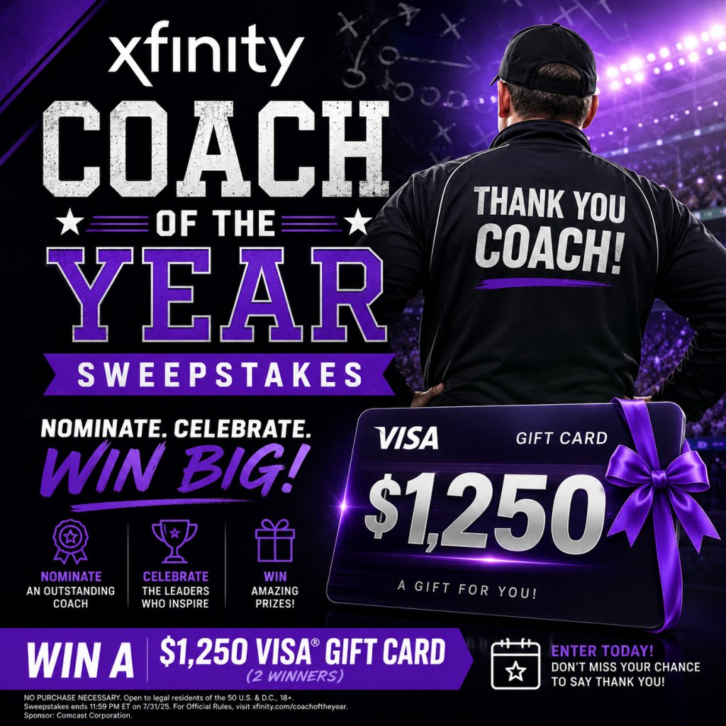 Xfinity Coach Of The Year Sweepstakes - Win A $1,250 Visa Gift Card (2 Winners)