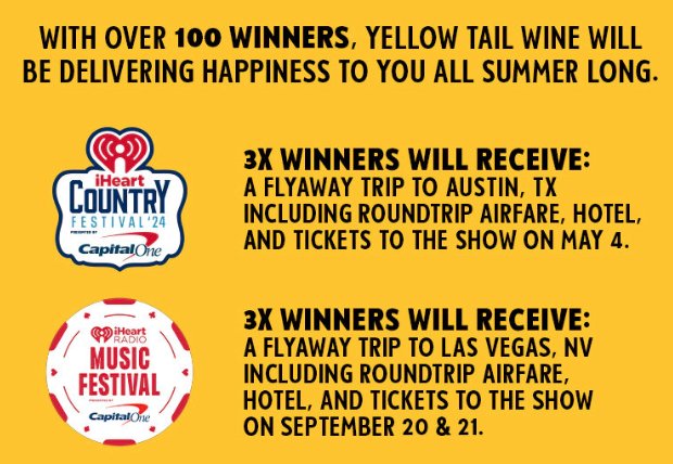 Yellow Tail + iHeartRadio Happiness Live Sweepstakes – Win A Trip For 2 To Austin For The 2024 iHeartCountry Festival