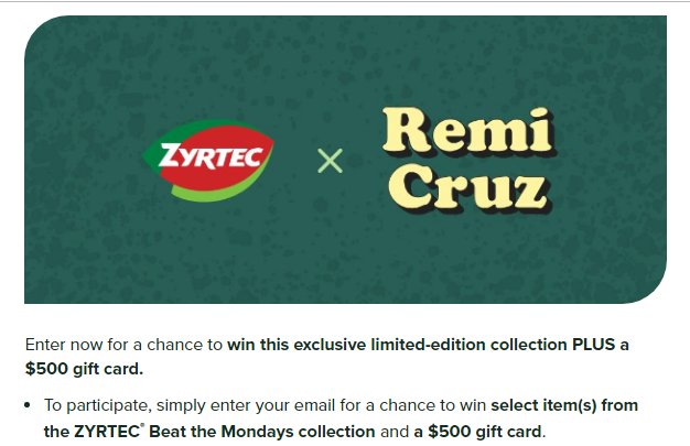 ZYRTEC Beat The Mondays Sweepstakes – Win A Limited Edition Merchandise Collection + A $500 Gift Card (6 Winners)